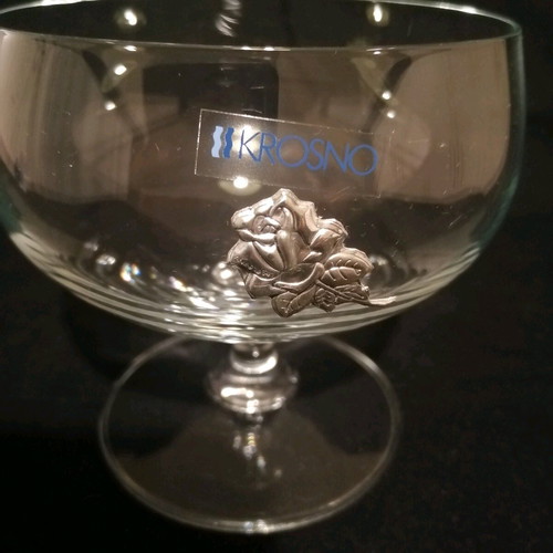 KROSNO Set of 6 Crystal Ice Cream Bowls New With Metal Flower Decoration