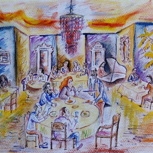 Restaurant Watercolor and Pastel Drawing New