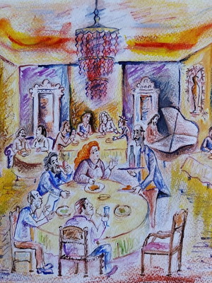 Restaurant Watercolor and Pastel Drawing New