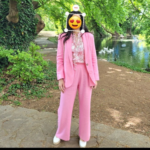 Mind Matter linen suit pink used, high-waisted trousers and jacket