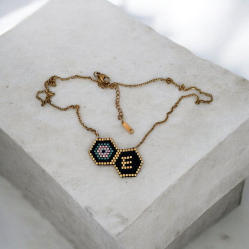 Steel monogram necklace with miyuki eye pendant made to order, black and gold