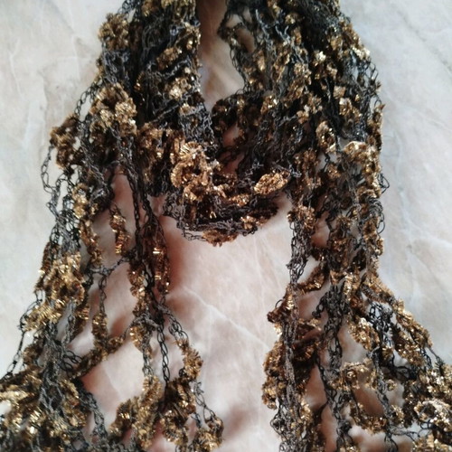 Crocheted spring scarf new, brown gold