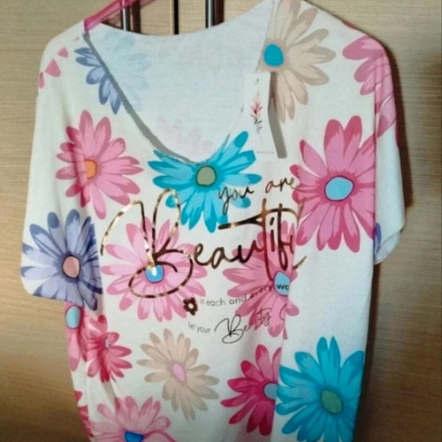 Floral cotton short-sleeve blouse, New Collection Italy, one size