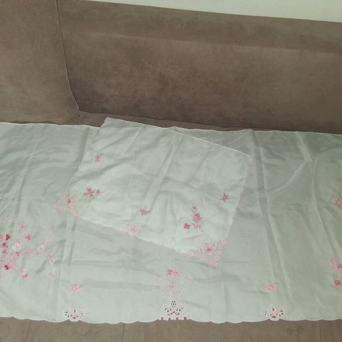 Set of 2 Small Handmade Vintage Table Linens with Pink Cutwork Embroidery like new