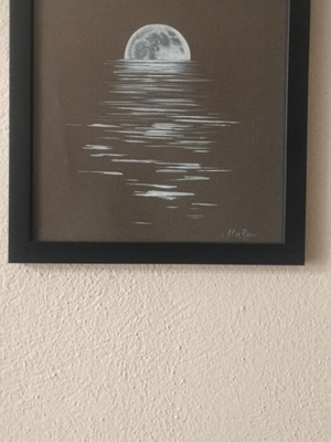 Moon and Reflection Painting 25x25 cm, new, white charcoal and acrylic