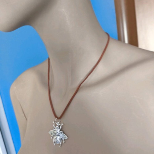 Necklace new with brown velvet strap and silver bee pendant