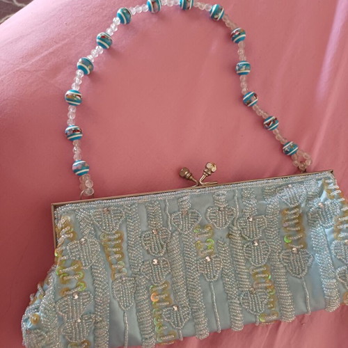 Handbag new, blue with beaded strap