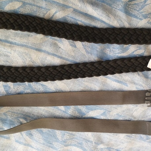 Two fabric belts, black braided 120 cm and adjustable grey 100 cm