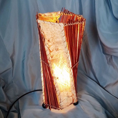 Handmade rustic table lamp with birch bark and wooden rods, used, 32 cm