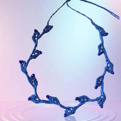 Handmade macrame necklace with blue leaves, new