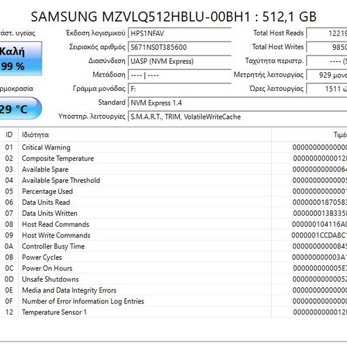 Samsung 512GB NVMe SSD M.2 2280 PCIe Gen3 PM991a σαν καινούργιο