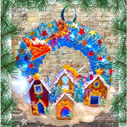 Handmade wreath Santa Claus with sleigh in Christmas village lit with LED