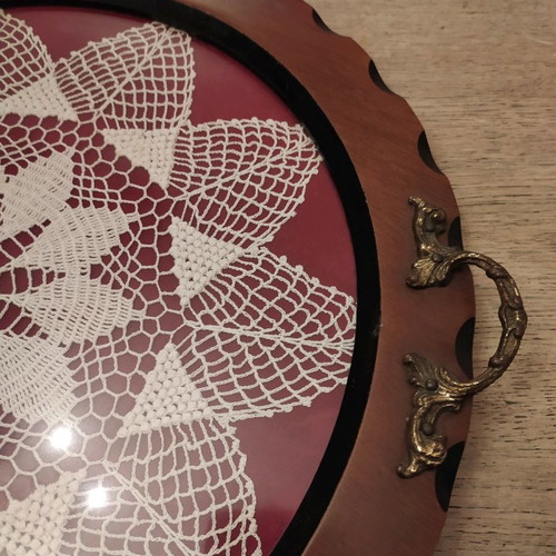 Wooden serving tray with crochet used, 40cm diameter