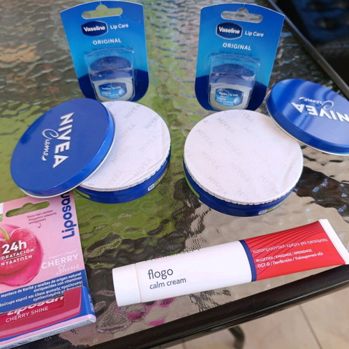Nivea cream 2 Vaseline Original lip balms 2 Liposan Cherry Shine 1 Flogo cream for burns
