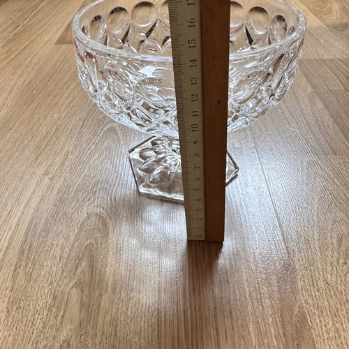 Vintage glass bowl with foot, embossed geometric pattern