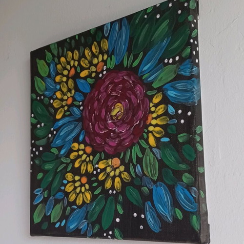 Handmade painting with flowers on black, new