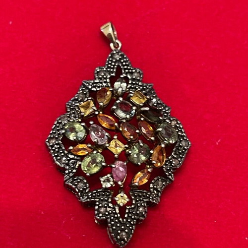 Pendant 925 silver gold 9K with diamonds and semi-precious stones used