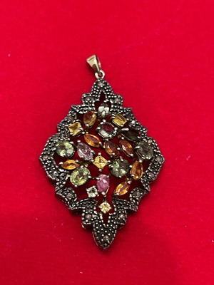 Pendant 925 silver gold 9K with diamonds and semi-precious stones used