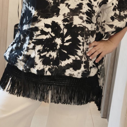 Mat Fashion plus size blouse with fringes, black and white