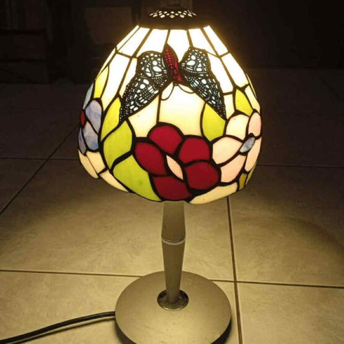 Vintage stained glass lamp used with colorful flowers 42 cm