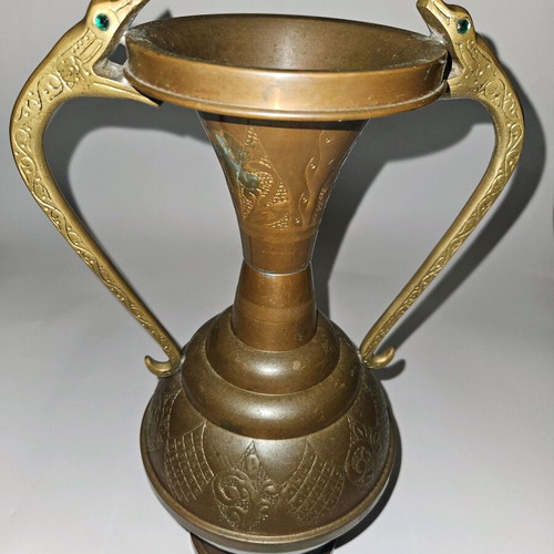 Antique Art Nouveau Copper Vase with Twin Snake Brass Handles used