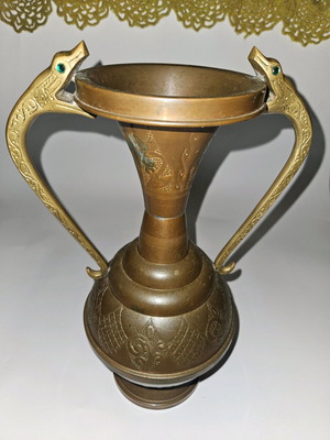 Antique Art Nouveau Copper Vase with Twin Snake Brass Handles used