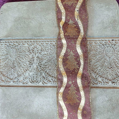 Christmas ribbon for wrapping, 10 meters, gold glitter and fir trees