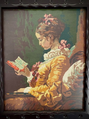Large embroidered textile painting in wooden antique frame, handmade embroidery from the 60s