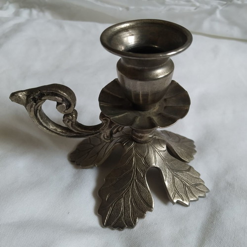 Vintage Metal Chamberstick Candlestick with Handle and Embossed Leaves used
