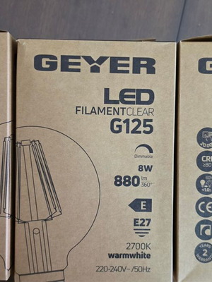 Geyer Filament G125 LED Lamps 8W E27 Dimmable Warm White, pack of 3
