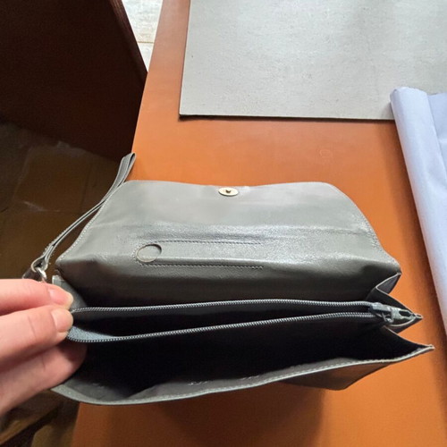 Hand wallet used, leather gray with multiple compartments