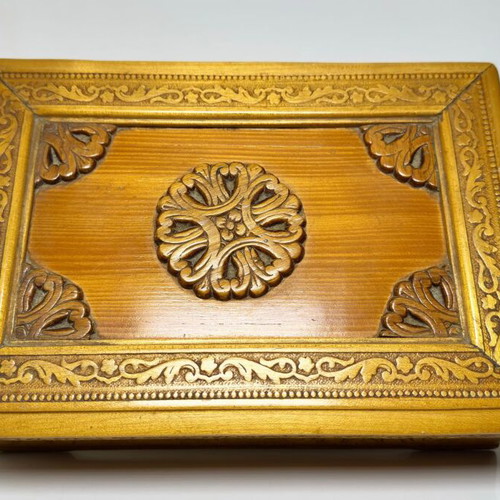 Wooden carved storage box used, handmade with fabric lining
