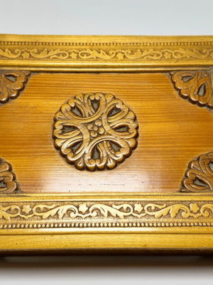 Wooden carved storage box used, handmade with fabric lining