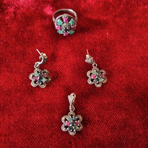 Vintage handmade 925 silver jewelry set with emeralds, rubies, sapphires & marcasite