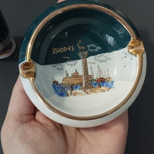 Vintage ashtray and lighter case set Rhodes handmade with 24K gold