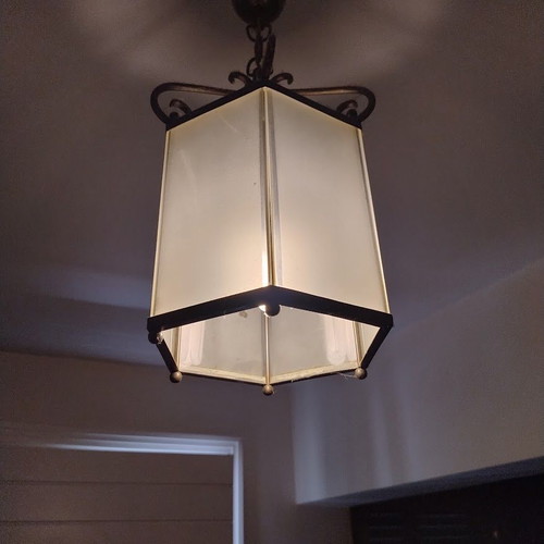 Ceiling light used, bronze and opal glass, ideal for home entrance