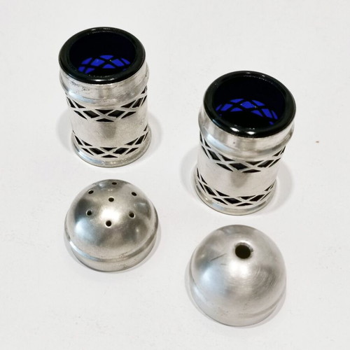 English vintage three-piece salt and pepper set used, silver-plated