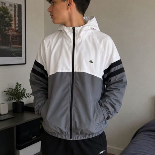 Lacoste windbreaker jacket with hood, gray and white, like new, unisex M/L