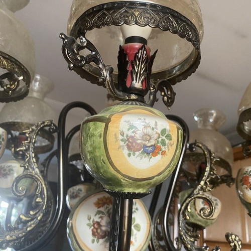 Vintage 6-Light Brass Chandelier with Handmade Porcelain, Like New
