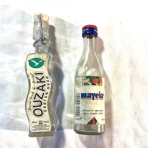 Ouzo used, set of 11 different miniatures from all over Greece