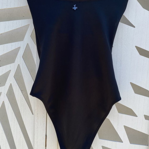 SugarFree one-piece swimsuit like new, black with colorful zippers, strapless
