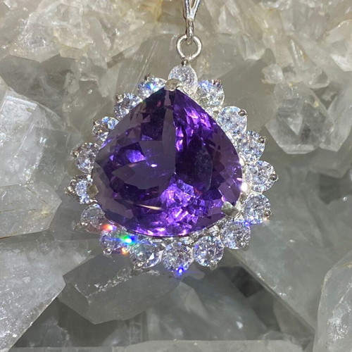 Silver pendant with large cut natural amethyst stone and moissanites, new