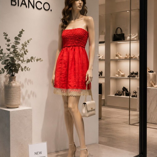 Bianco strapless dress with lace hem, like new, orange