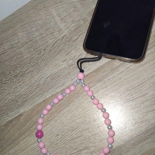 Beaded phone charm made to order with black cord and pink beads