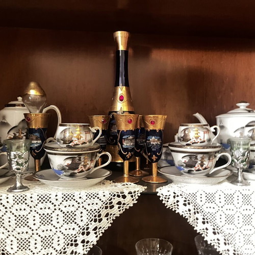 Vintage Italian liqueur set Murano style cobalt blue crystal with 24K gold details