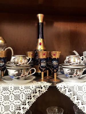 Vintage Italian liqueur set Murano style cobalt blue crystal with 24K gold details