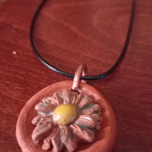 Handmade necklace with flower from baked ceramic clay brown and yellow