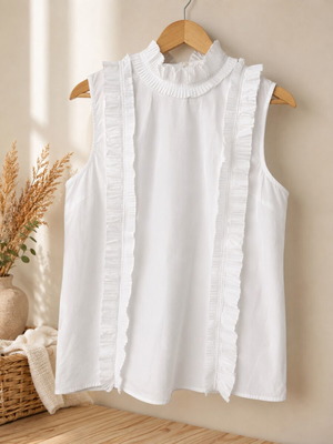 Pinko white sleeveless blouse with ruffles, size L, new