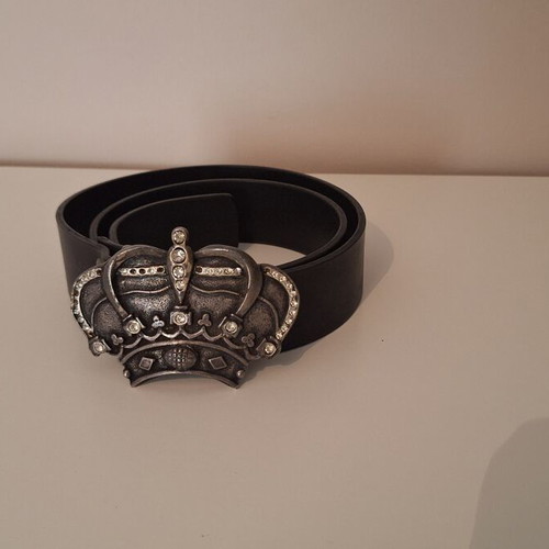 Vintage Genuine Leather Black Belt with Rhinestone Crown Buckle
