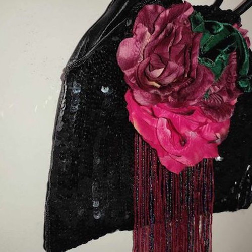 Skondras women's bag used, satin with sequins and flowers